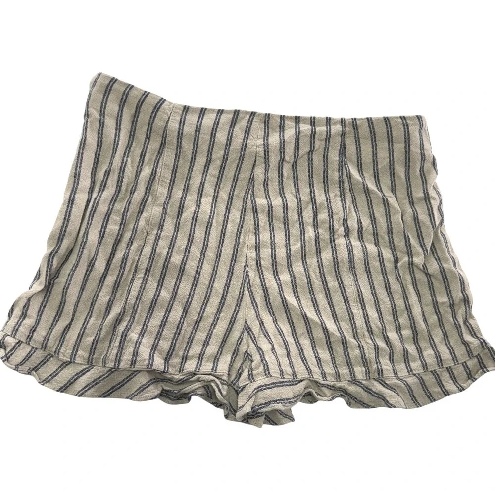 1.STATE Shorts Womens 8‎ Beige Striped Linen Blend Ruffle Hem Summer Coastal